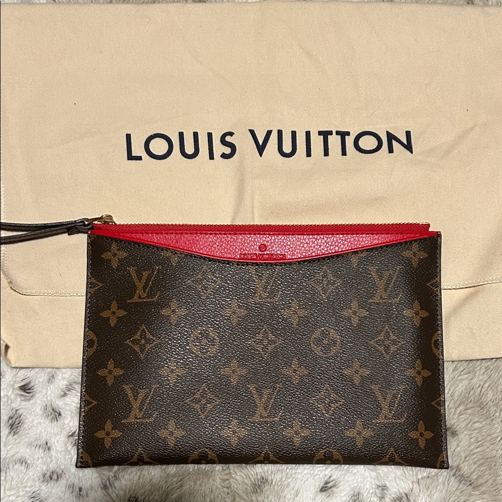 Louis Vuitton Brown Monogram Pouch with Red Accent
